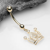 14 Karat Gold Majestic Crown Sparkle Dangle Belly Button Ring-Clear