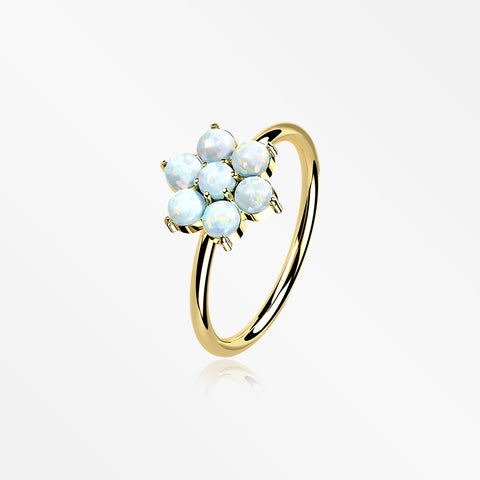 14 Karat Gold Brilliant Fire Opal Spring Flower Bendable Hoop Ring-White Opal
