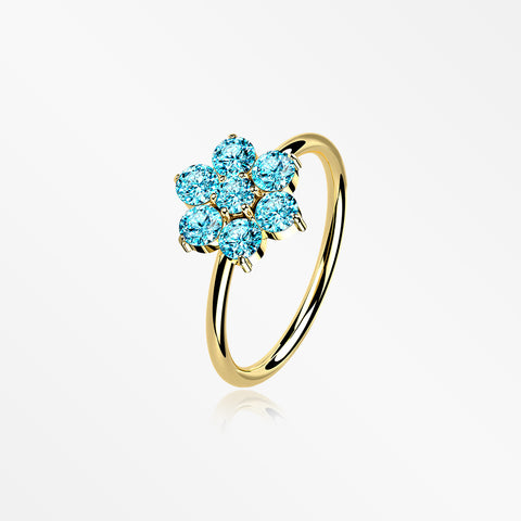 14 Karat Gold Brilliant Sparkle Spring Flower Bendable Hoop Ring-Aqua