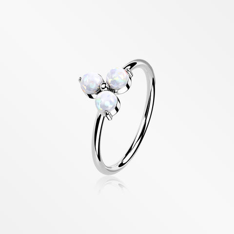14 Karat White Gold Brilliant Trinity Fire Opal Sparkle Bendable Hoop Ring-White Opal