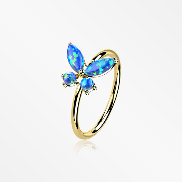 14 Karat Gold Brilliant Fire Opal Dainty Butterfly Bendable Hoop Ring-Blue Opal