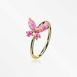 14 Karat Gold Brilliant Fire Opal Dainty Butterfly Bendable Hoop Ring-Pink Opal