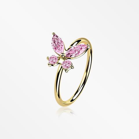 14 Karat Gold Brilliant Sparkle Dainty Butterfly Bendable Hoop Ring-Pink