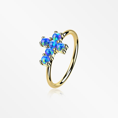 14 Karat Gold Brilliant Fire Opal Cross Bendable Hoop Ring-Blue Opal