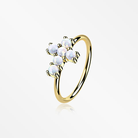 14 Karat Gold Brilliant Fire Opal Cross Bendable Hoop Ring-White Opal