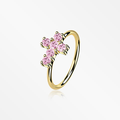 14 Karat Gold Brilliant Sparkle Cross Bendable Hoop Ring-Pink