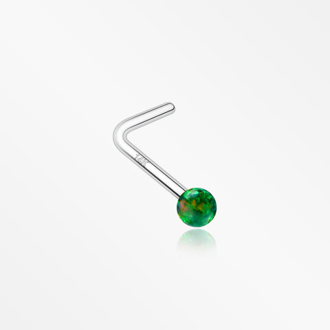 14 Karat White Gold Fire Opal Ball L-Shaped Nose Ring-Green Opal