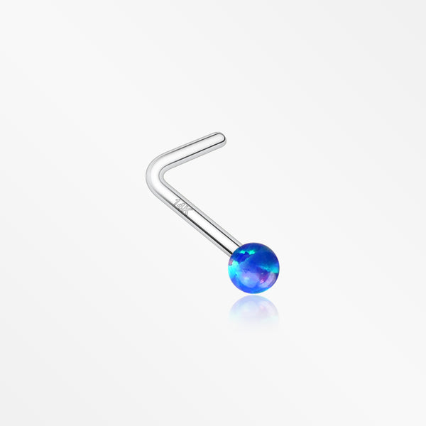 14 Karat White Gold Fire Opal Ball L-Shaped Nose Ring-Blue Opal