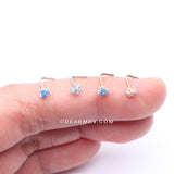 14 Karat White Gold Tri Fire Opal Sparkle Prong Set L-Shaped Nose Ring-Blue Opal