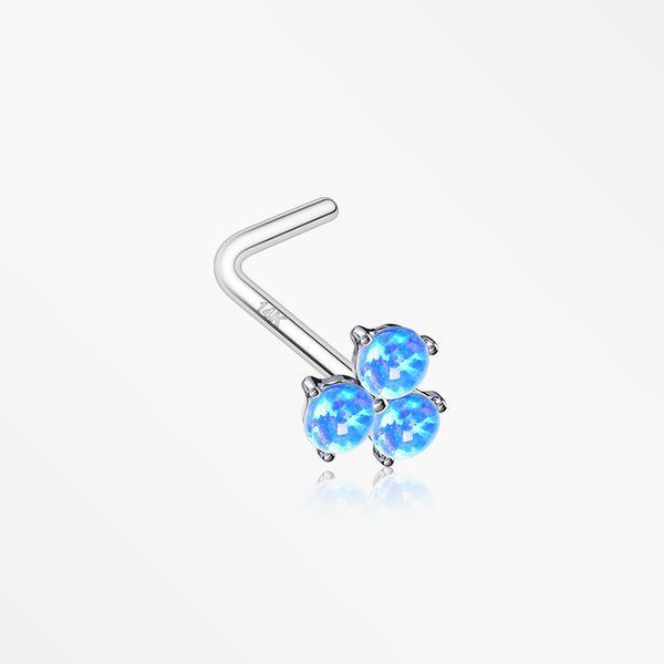14 Karat White Gold Tri Fire Opal Sparkle Prong Set L-Shaped Nose Ring-Blue Opal