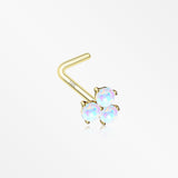 14 Karat Gold Tri Fire Opal Sparkle Prong Set L-Shaped Nose Ring-White Opal