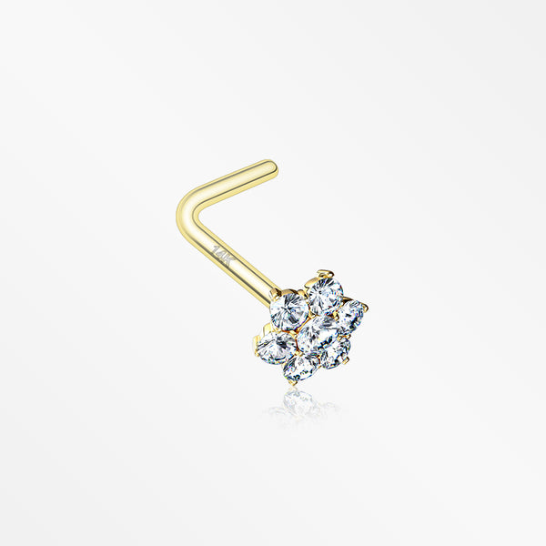 14 Karat Gold Brilliant Sparkle Flower L-Shaped Nose Ring-Clear Gem