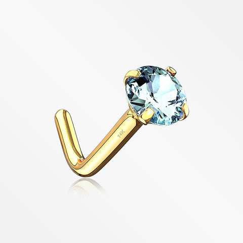 14 Karat Gold Prong Set Gem Top L-Shaped Nose Ring-Aqua