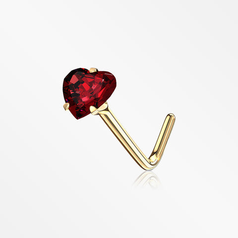 14 Karat Gold Prong Set Heart Sparkle L-Shaped Nose Ring-Red
