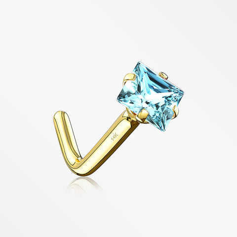 14 Karat Gold Prong Set Princess Cut Gem Top L-Shaped Nose Ring-Aqua