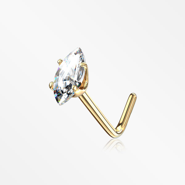 14 Karat Gold Prong Set Marquise Gem Sparkle L-Shaped Nose Ring-Clear