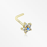 14 Karat Gold Fire Opal Multi-Gem Sparkle Flower Top L-Shaped Nose Ring-Blue Opal
