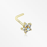 14 Karat Gold Fire Opal Multi-Gem Sparkle Flower Top L-Shaped Nose Ring-White Opal