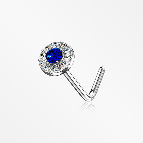 14 Karat White Gold Double Tiered Brilliant Sparkle Multi Gem L-Shaped Nose Ring-Clear/Blue