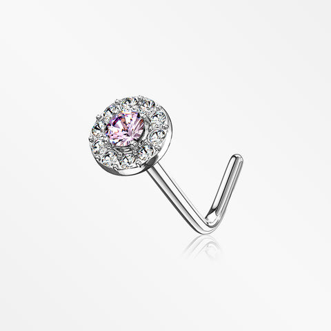 14 Karat White Gold Double Tiered Brilliant Sparkle Multi Gem L-Shaped Nose Ring-Clear/Pink