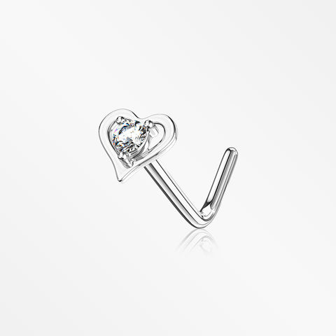 14 Karat White Gold Hollow Heart Sparkle L-Shaped Nose Ring-Clear