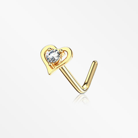 14 Karat Gold Hollow Heart Sparkle L-Shaped Nose Ring-Clear