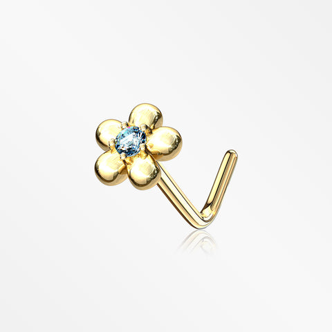 14 Karat Gold Adorable Flower Sparkle L-Shaped Nose Ring-Aqua