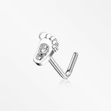 14 Karat White Gold Adorable Baby Foot Sparkle L-Shaped Nose Ring-Clear
