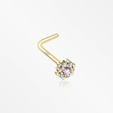 14 Karat Gold Glistening Multi-Gem Flower Sparkle L-Shaped Nose Ring-Clear/Pink