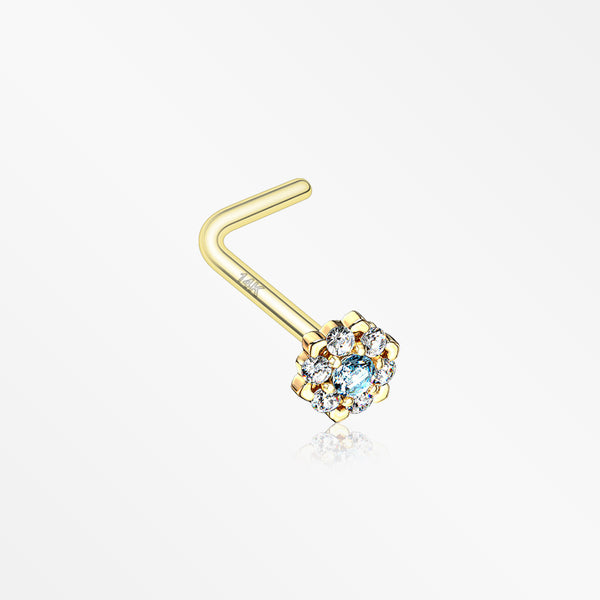 14 Karat Gold Glistening Multi-Gem Flower Sparkle L-Shaped Nose Ring-Clear/Aqua