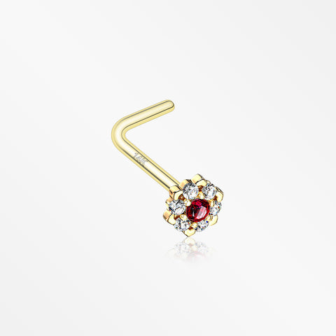 14 Karat Gold Glistening Multi-Gem Flower Sparkle L-Shaped Nose Ring-Clear/Red