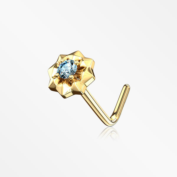 14 Karat Gold Starburst Sparkle L-Shaped Nose Ring-Aqua