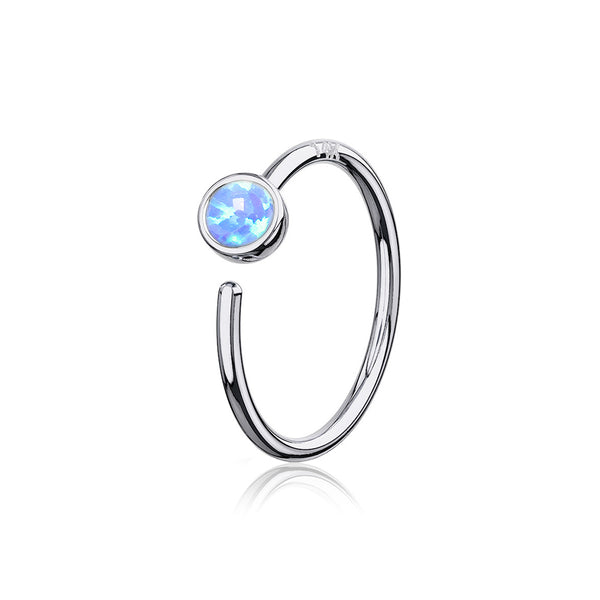 14 Karat White Gold Bezel Set Fire Opal Bendable Hoop Ring-Blue Opal