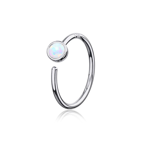 14 Karat White Gold Bezel Set Fire Opal Bendable Hoop Ring-White Opal