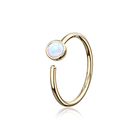 14 Karat Gold Bezel Set Fire Opal Bendable Hoop Ring-White Opal