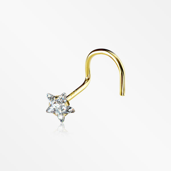 14 Karat Gold Star Prong Set Gem Sparkle Nose Screw Ring-Clear