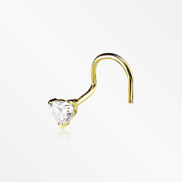 14 Karat Gold Heart Prong Set Gem Sparkle Nose Screw Ring-Clear