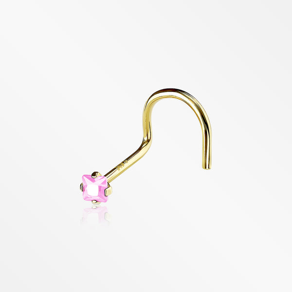 14 Karat Gold Square Prong Set Gem Sparkle Nose Screw Ring-Pink