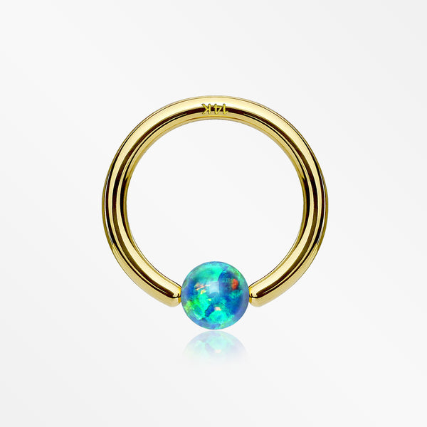14 Karat Gold Fire Opal Ball CBR Style Bendable Hoop Ring-Green Opal
