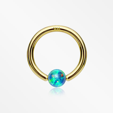 14 Karat Gold Fire Opal Ball CBR Style Bendable Hoop Ring-Green Opal