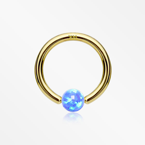 14 Karat Gold Fire Opal Ball CBR Style Bendable Hoop Ring-Blue Opal