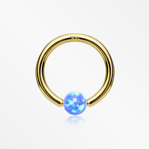 14 Karat Gold Fire Opal Ball CBR Style Bendable Hoop Ring-Blue Opal