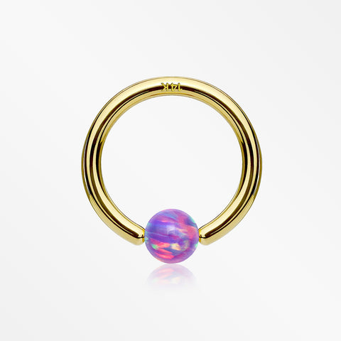 14 Karat Gold Fire Opal Ball CBR Style Bendable Hoop Ring-Purple Opal