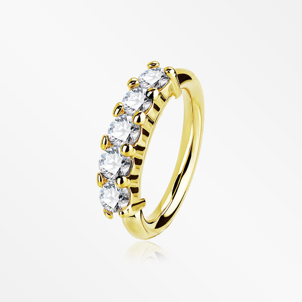 14 Karat Gold Multi-Gem Crown Prong Set Bendable Hoop Ring-Clear Gem
