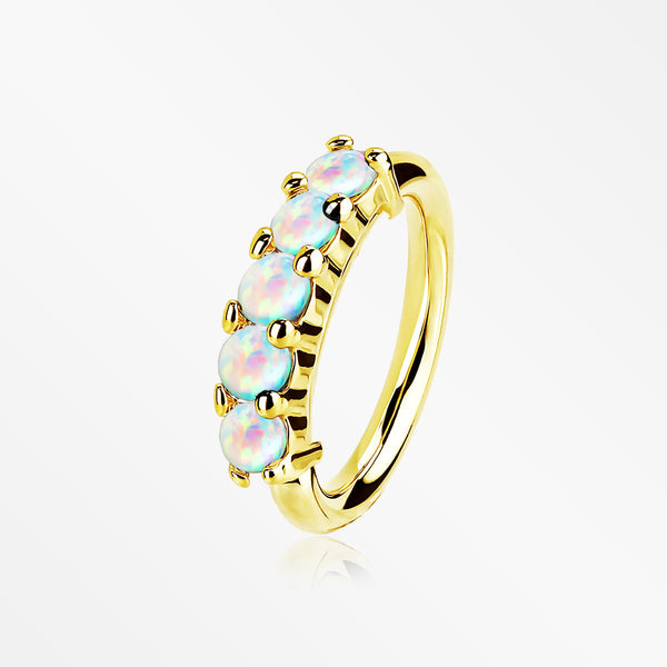 14 Karat Gold Multi Fire Opal Crown Prong Set Bendable Hoop Ring-White Opal