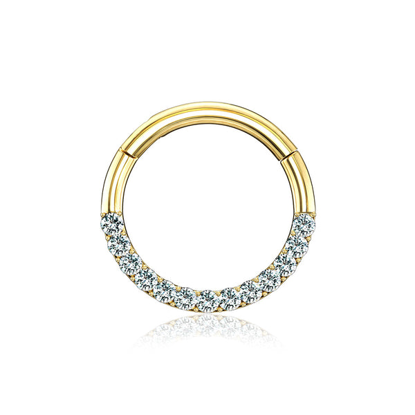 14 Karat Gold Brilliant Sparkle Gems Front Lined Clicker Hoop Ring-Clear
