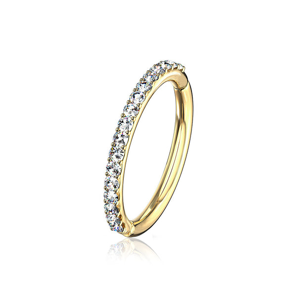 14 Karat Gold Brilliant Sparkle Gems Lined Clicker Hoop Ring-Clear