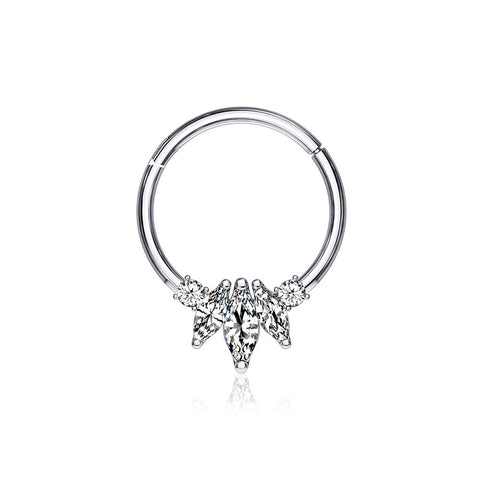 14 Karat White Gold Marquise Floral Sparkle Clicker Hoop Ring-Clear