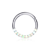 14 Karat White Gold Fire Opal Sparkle Front Lined Clicker Hoop Ring-White Opal