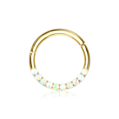 14 Karat Gold Fire Opal Sparkle Front Lined Clicker Hoop Ring-White Opal